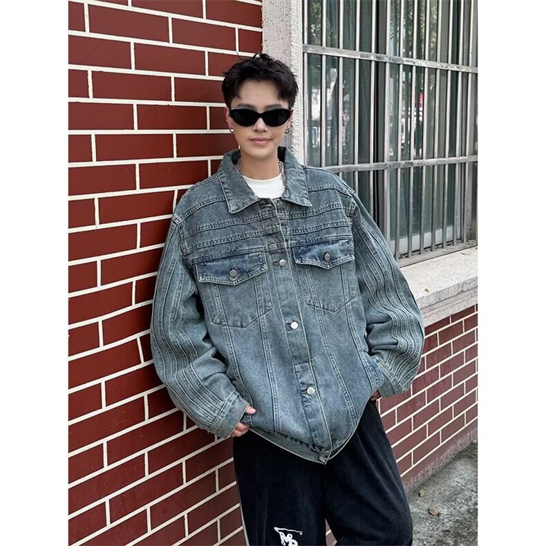 美式复古水洗牛仔翻领外套男春秋潮牌cleanfit短款痞帅工装夹克,男装工装外套,四季星座505