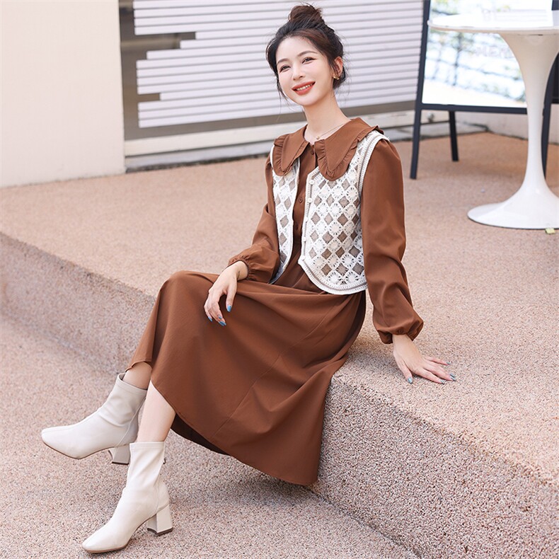 小香风套装秋季女2022年新款娃娃领连衣裙外搭格子马甲背心两件套,女装套装/套裙,曼娅璐