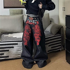 W10681-P58网图现货重工刺绣龙文艺宽松阔腿牛仔裤，男装牛仔裤，星座1608