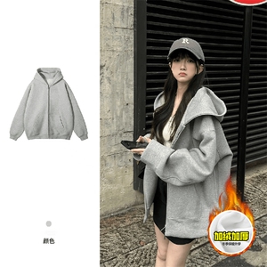 480G重磅加绒硬挺boxy男女秋冬美式高街结构双拉链开衫卫衣厚外套图片