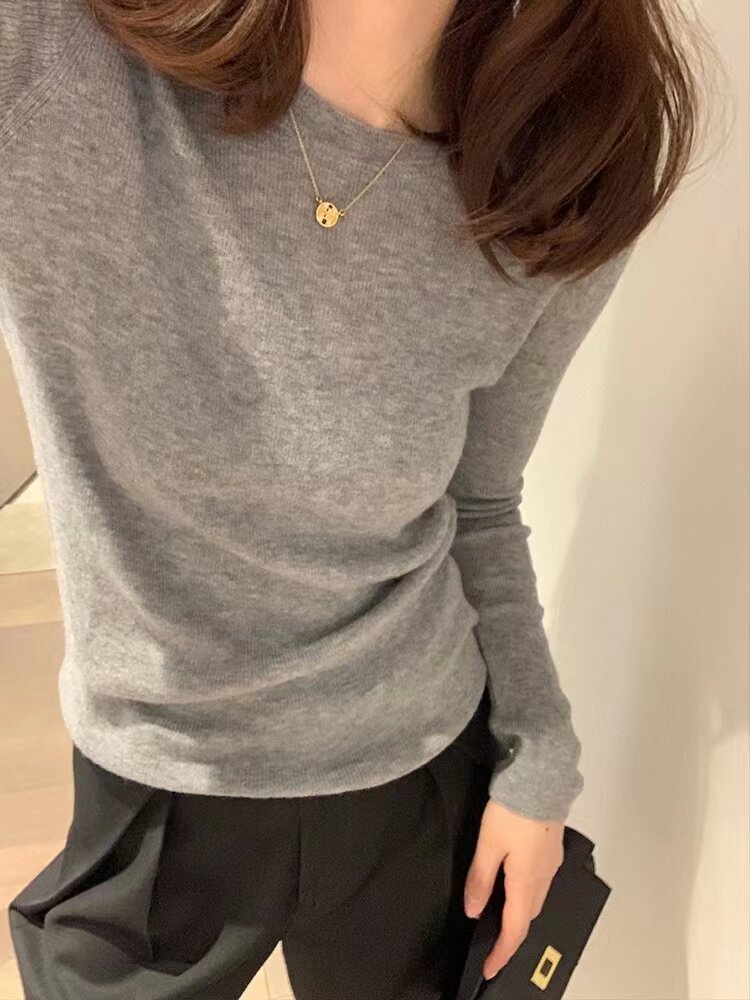 圆领打底衫女显瘦长袖针织衫秋冬新款内搭毛衣,女装羊毛衫,恩泰羊绒