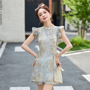 改良旗袍连衣裙女夏季2025新款收腰显瘦新中式国风刺绣短裤两件套图片