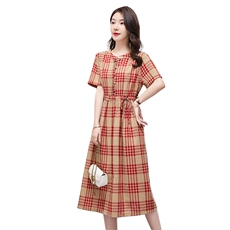 连衣裙2022年夏季潮流舒适简约时尚中长款圆领格子，女装连衣裙，贵人树