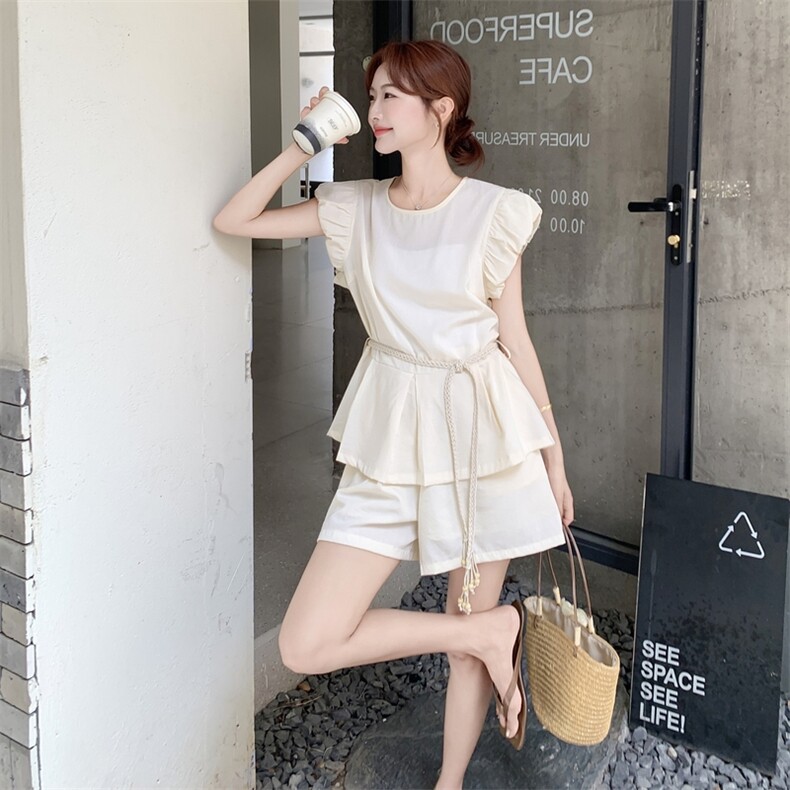 小飞袖白色衬衫短裤套装女夏2025新款小个子氛围感两件套超火爆款图片