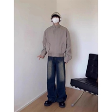 美式高街纯色立领夹克外套男潮牌秋季高街痞帅宽松百搭工装棒球服，男装夹克，四季星座505