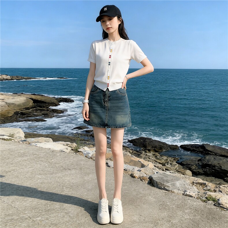 夏季新款时尚休闲简约套装宽松显瘦圆领彩色纽扣上衣牛仔裙两件套,女装套装/套裙,江南