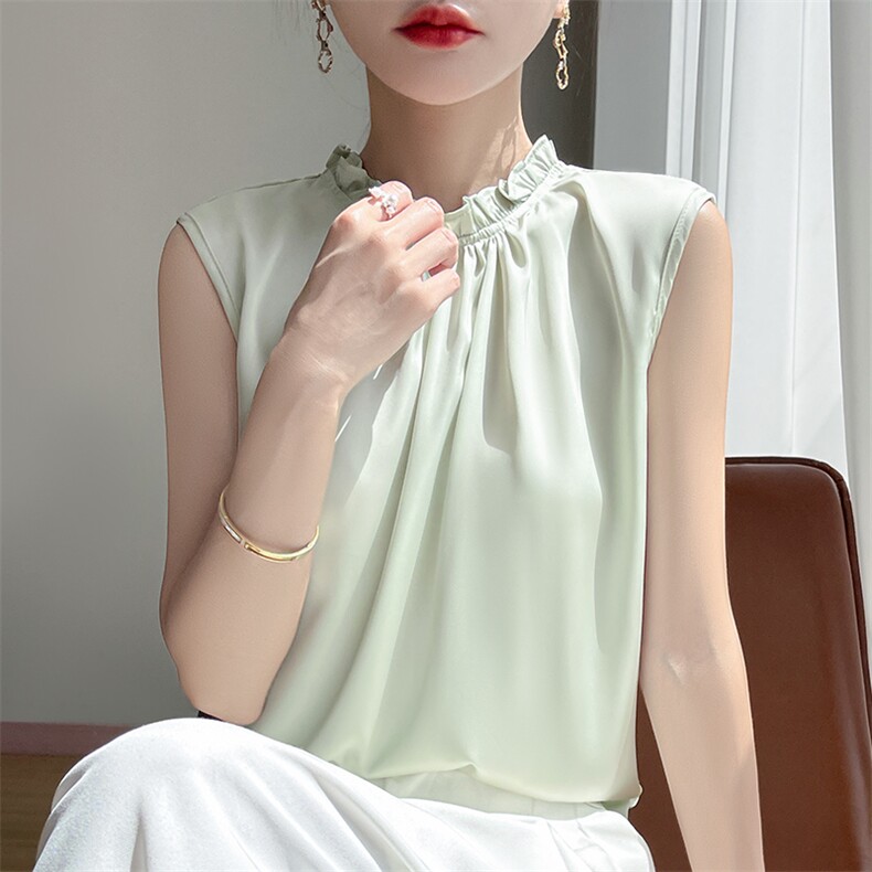羊范木耳边立领纯色无袖吊带背心女2025夏季新款醋酸缎面气质打底,女装T恤,暖习羊绒