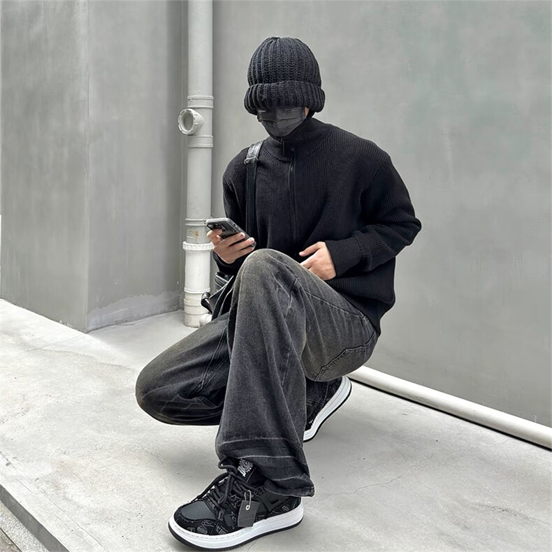 抖音得物保暖立领拉链针织外套秋冬宽松慵懒风纯色毛衣上衣AM02,男装针织衫/毛衣,电商A443