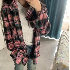 美式复古黑粉格子衬衫2024新款男女情侣潮流宽松休闲衬衣外套，男装衬衫，星座506A