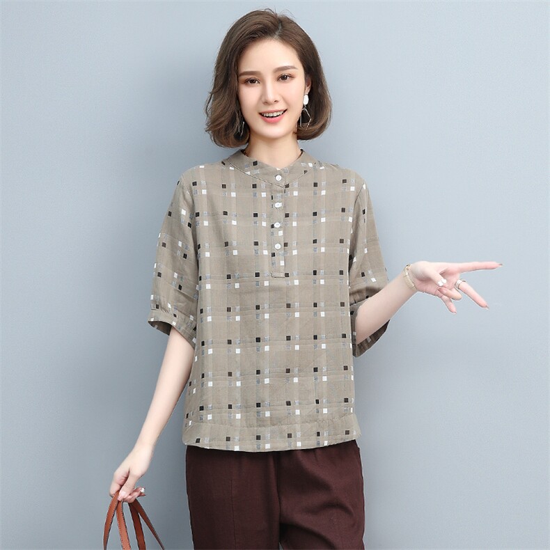 格子棉麻衬衫女夏新款宽松大码休闲短袖妈妈T恤洋气减龄亚麻上衣,女装衬衫,涵誉