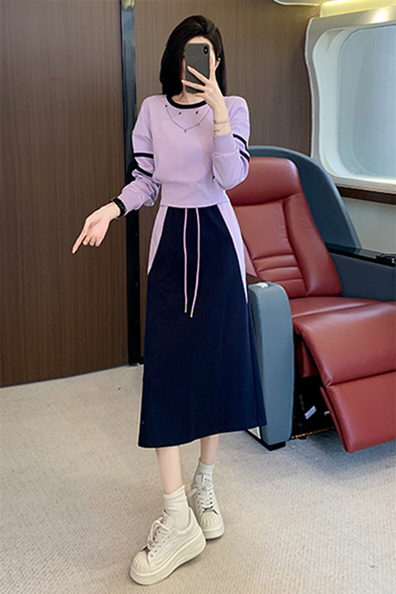 女秋新款设计感链条圆领撞色卫衣半身裙两件套,女装套装/套裙,江南