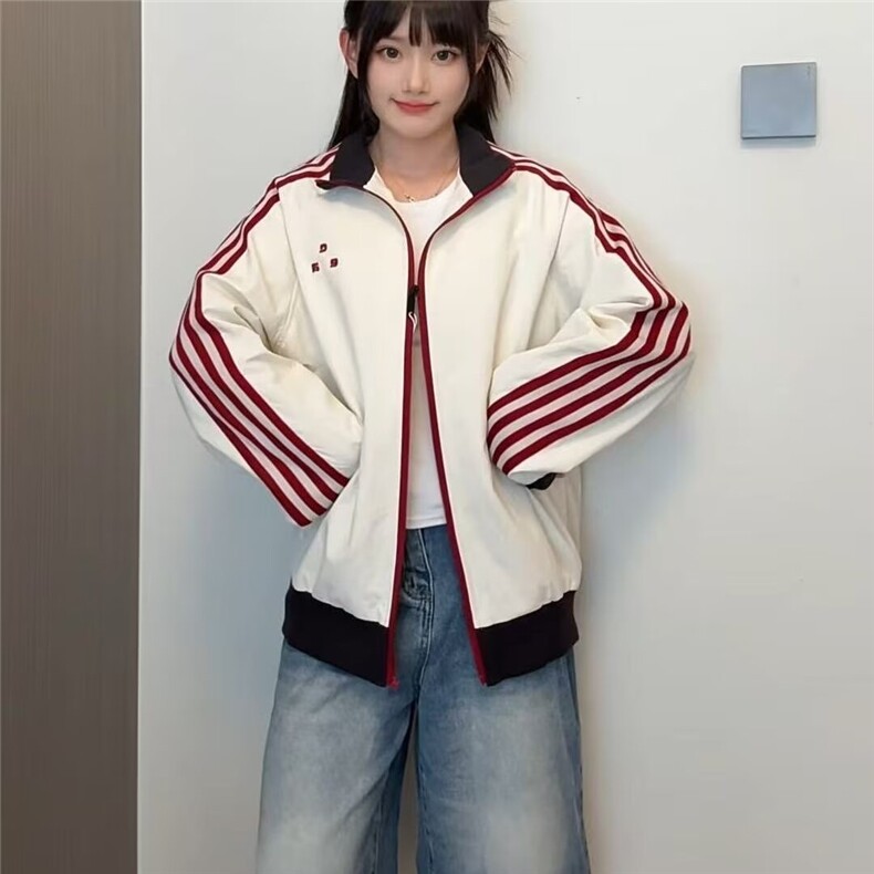 F81-P602025新款美式复古拼色条纹时尚夹克男女秋季户外宽松,男装夹克,电商B323A