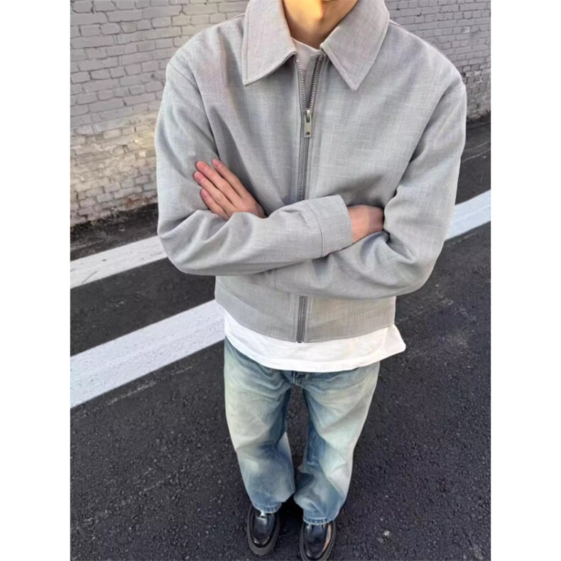 竖纹翻领短宽麻灰色拼接立体剪裁cleanfit夹克JK984特P75,男装夹克,星座908-1