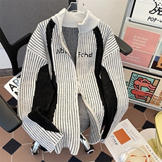 美式复古潮牌条纹针织衫外套男女开衫拉链立领高街毛衣MZ732-P65，男装针织衫/毛衣，星座412-3