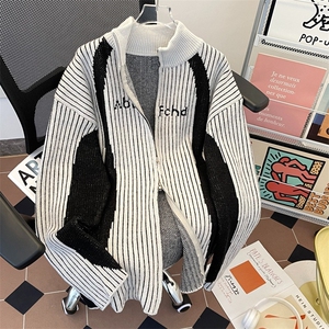 美式复古潮牌条纹针织衫外套男女开衫拉链立领高街毛衣MZ732-P65图片