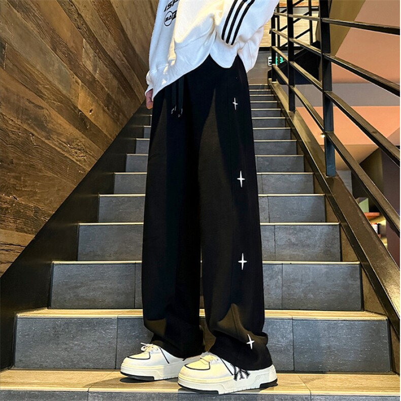 四芒星刺绣弯刀微喇卫裤男秋季美式潮牌运动阔腿裤提档高腰长裤子,男装休闲裤,星座1611B