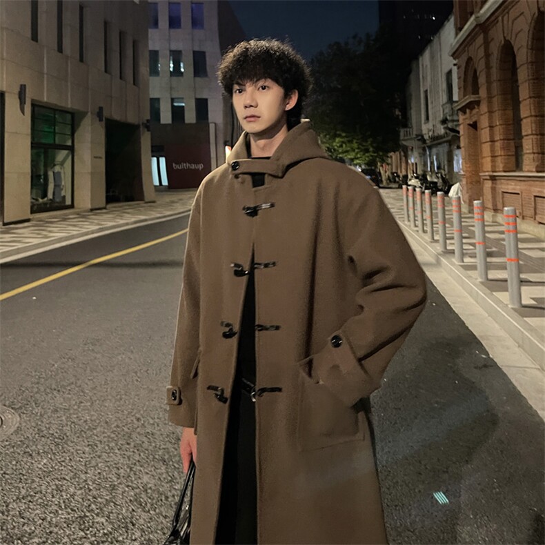 秋冬新款牛角扣连帽毛呢大衣男宽松风衣外套MN00706/P125加棉P135，男装风衣，电商B316