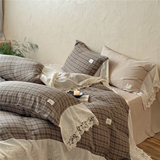 2026春夏新品全棉色织水洗双层纱绉纱格子法式荷叶边四件套，床品套件，一起卖家纺