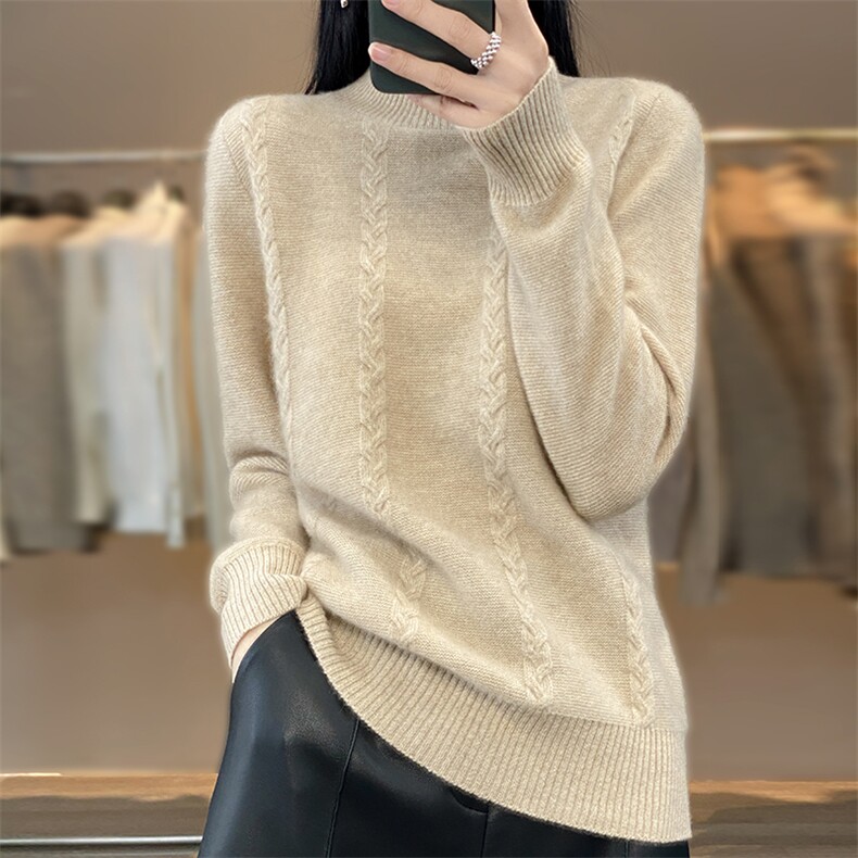 秋冬新款半高领绞花羊毛套头衫时尚百搭显瘦保暖毛衣,女装羊毛衫,科源羊绒