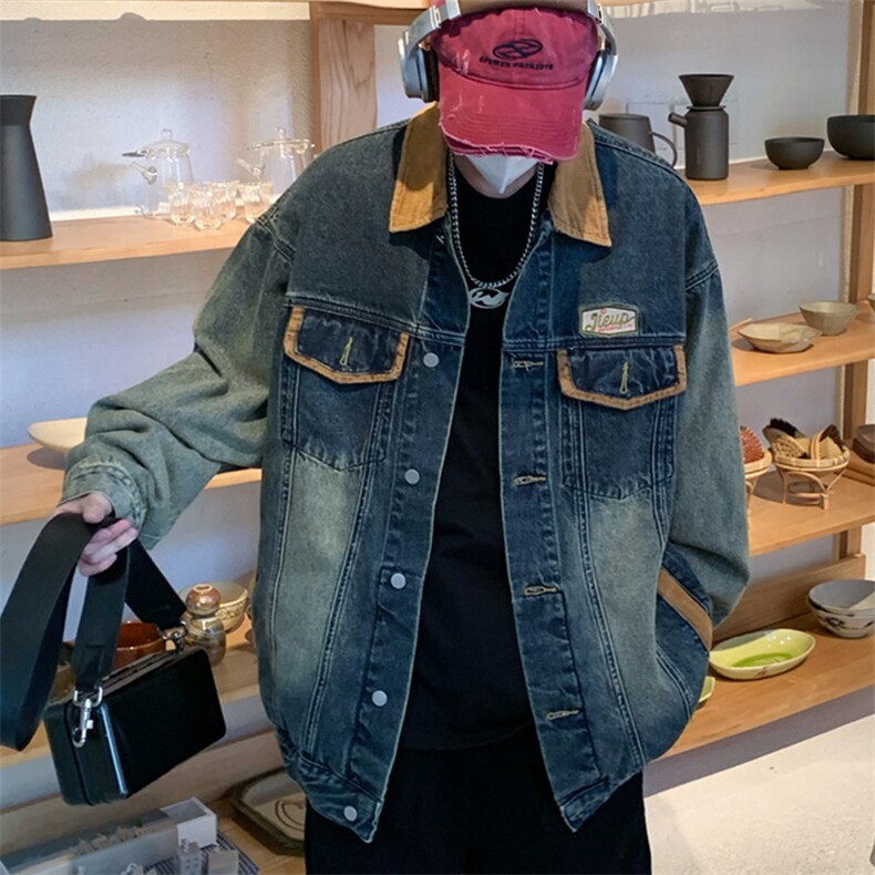 美式高质量复古做旧水洗拼接底特律牛仔外套男机车夹克JK1179-P80,男装工装外套,星座1103-3