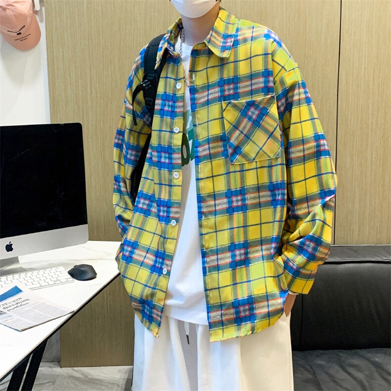 长袖格子衬衫港风ins宽松衬衣男夏季潮流百搭休闲外套CS01136-P38,男装衬衫,星座308B-1