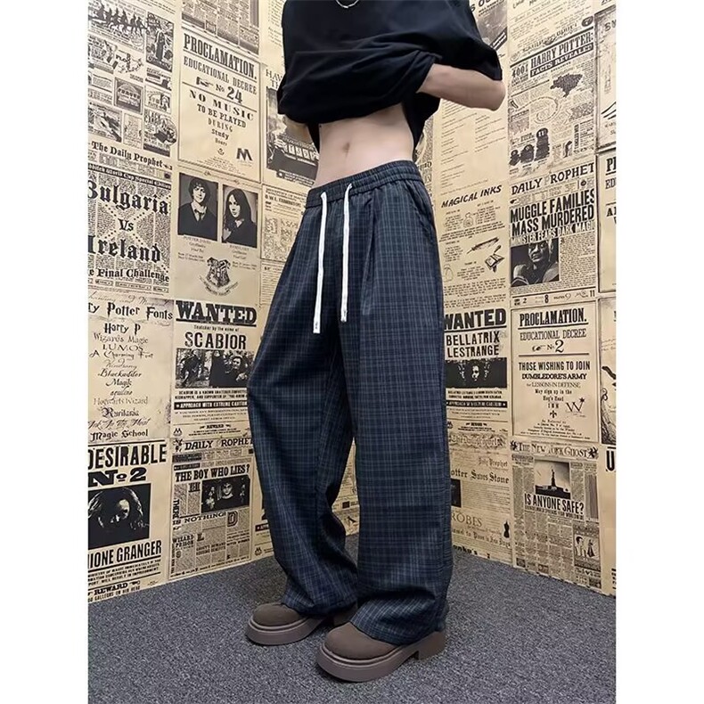 格子裤子男春秋宽松阔腿裤美式直筒运动裤hiphop休闲裤K6632-P37，女装休闲裤，星座412-3