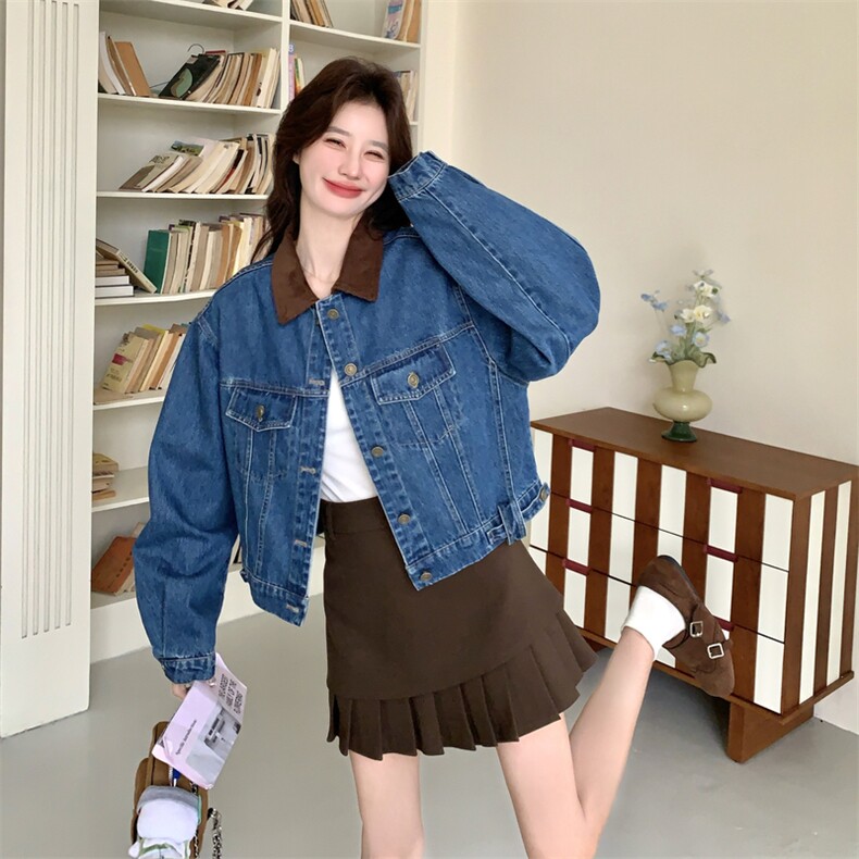 复古水洗牛仔短款外套女2026年春季新款撞色小个子翻领夹克上衣,女装短外套,2D076