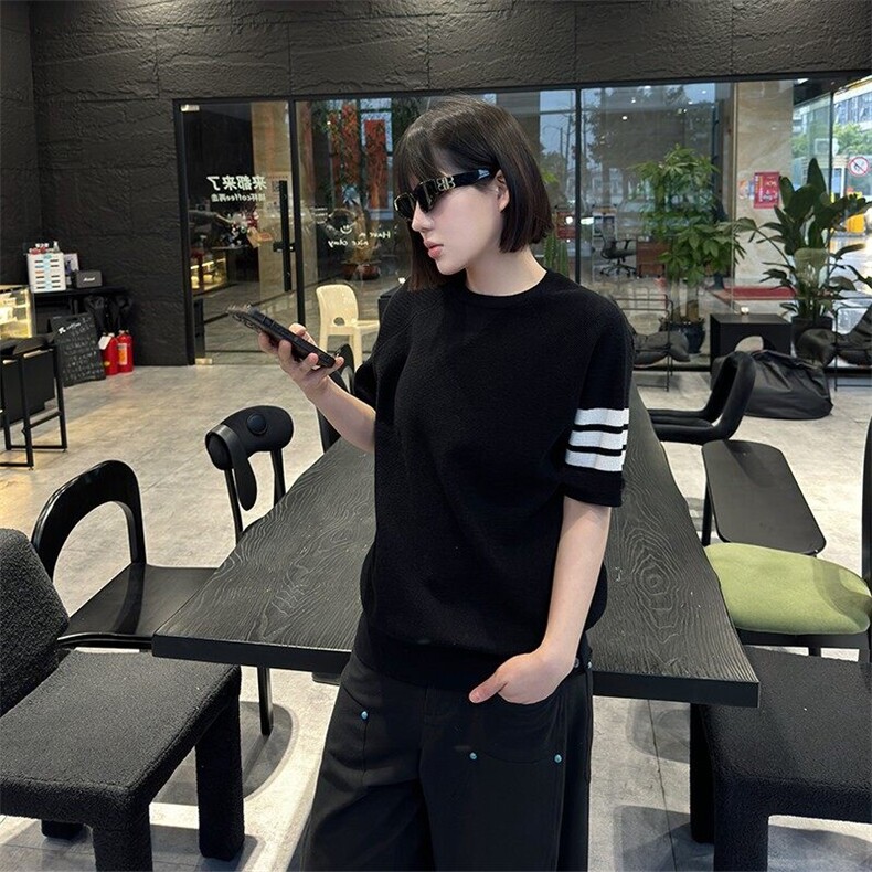 时尚百搭条杠设计感圆领套头针织短袖体恤Q120毛衣-TP78,男装T恤,电商A089-1
