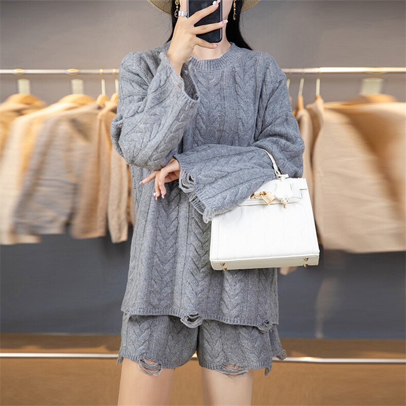 时尚秋季新款气质简约百搭潮流女士针织短裤套装,女装套装/套裙,悦玛羊绒