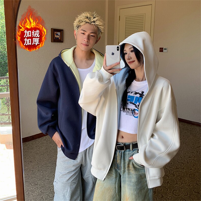 加绒加厚卫衣重磅高品质撞色连帽宽松外套男女 5D1186-TP60不图片