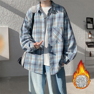 加绒衬衫男冬季新款港风宽松磨毛格子长袖衬衣JR02-特P35图片