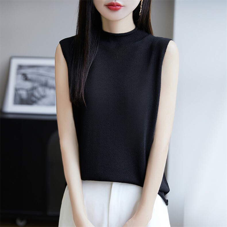 天丝亚麻半高领针织背心女宽松显瘦薄款无袖打底衫简约通勤上衣潮,针织衫/毛衣,朝思羊绒