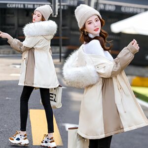 2020冬季新款优雅格调时尚气质保暖蕾丝拼接大毛领连帽派克服棉衣,女装棉衣/棉服,艾尚靓装