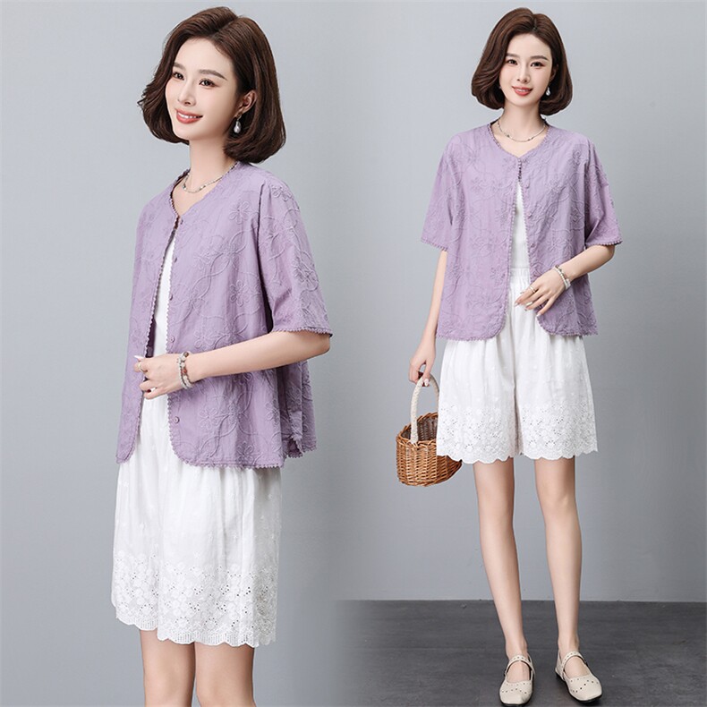 绣花上衣短款套装女2024夏季新款减龄文艺复古两件套，女装大码女装，奕阳依阁
