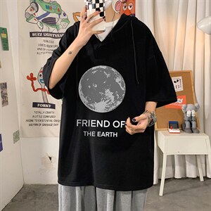 LD54254-P45NASA连帽短袖t恤男大码胖子带帽五分袖中袖海报风,男装T恤,电商A040