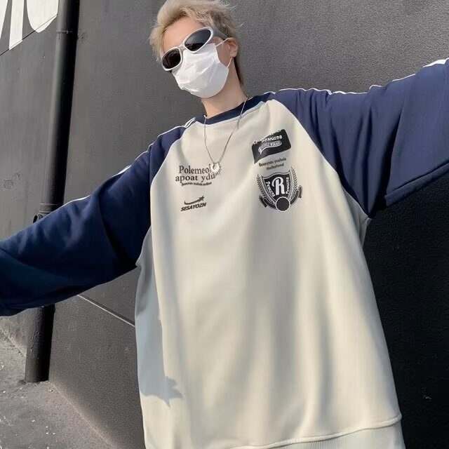 条纹撞色圆领宽松卫衣男女春秋新款松弛感运动长袖衣潮W106-2/P42,男装卫衣,星座506