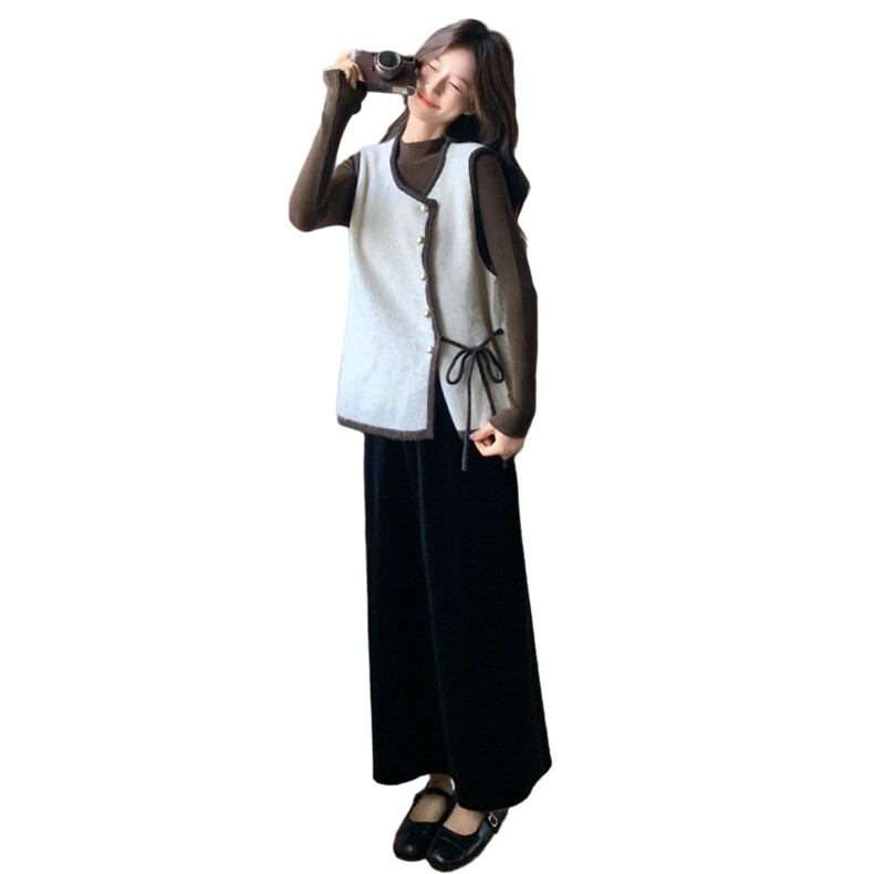 高级感小香风针织秋冬套装女马甲背心打底衫毛衣半身裙三件套装,女装套装/套裙,2C166