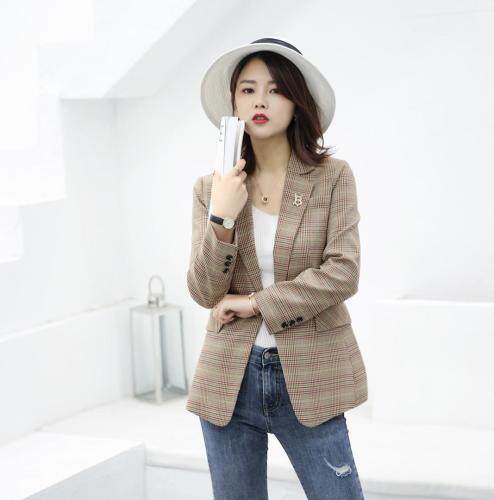 春款新款一粒扣修身复古格子小西装，女装西装，名怡