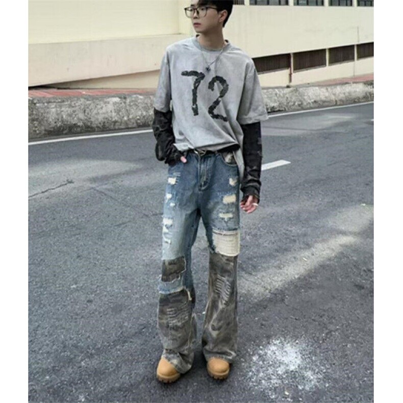 春秋季小众拼接迷彩破坏牛仔裤男复古小众拼接工装裤子NK1067,男装牛仔裤,星座1116A（原606A-3）