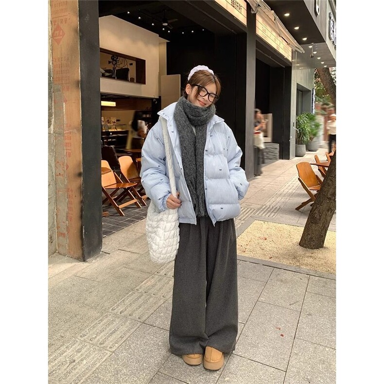 原版质量蝴蝶结蓝色面包服外套女冬条纹设计感保暖宽松棉袄棉衣,男装棉衣,星座506A