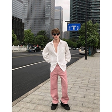潮牌时尚冰莓粉宽松直筒水洗牛仔裤X1002-1-NZ2413-现货，男装牛仔裤，星座1002-1