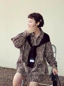 斑马条纹拼接假二件套衬衣裙，其它，转角爱尚