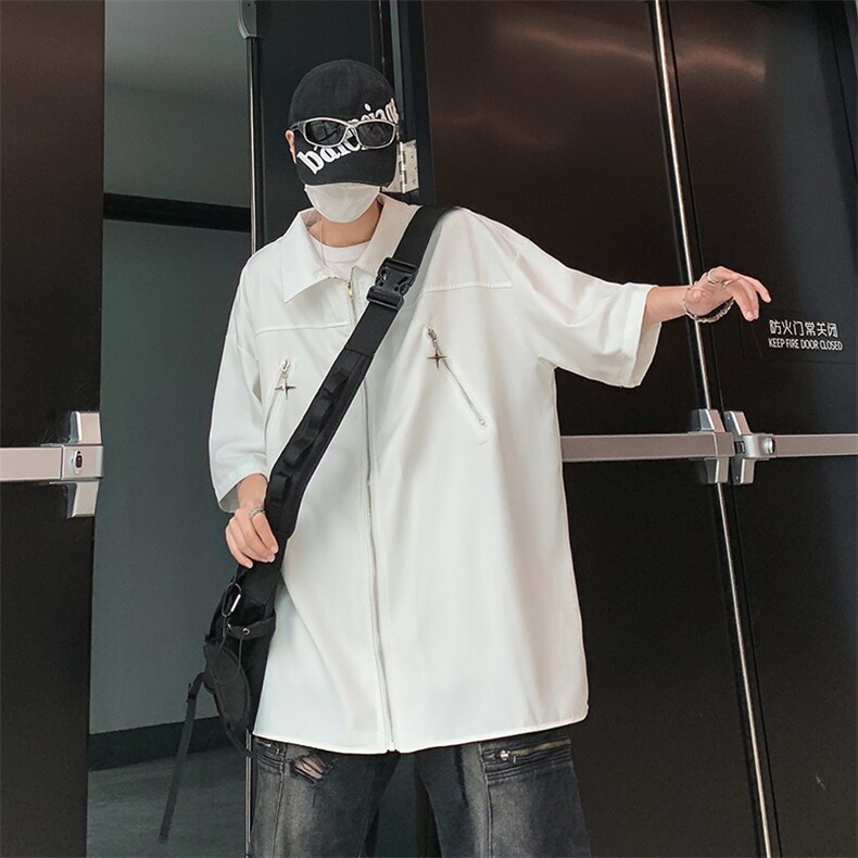 S335-P37美式暗黑复古短袖拉链衬衫,男装衬衫,星座1501-1