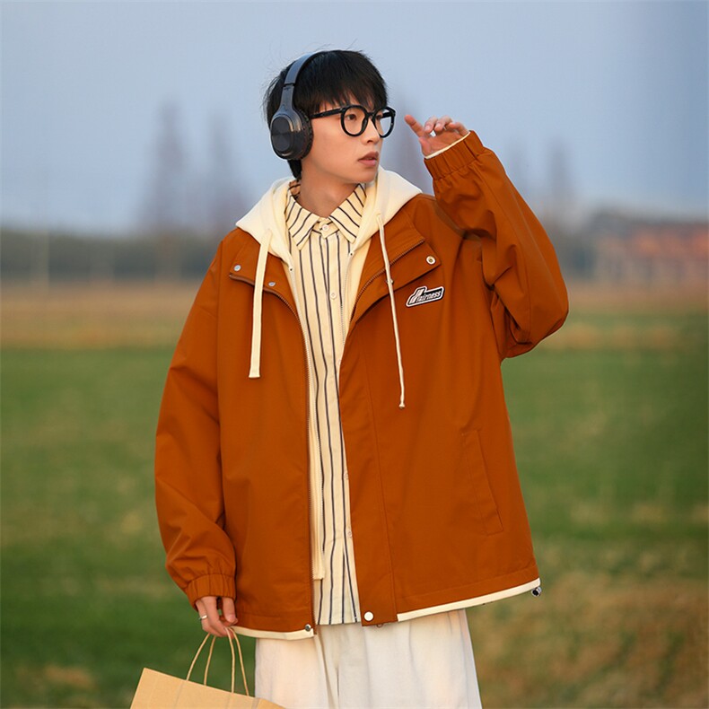 春秋款工装连帽假两件夹克潮流拼色宽松冲锋衣外套JK8310-P65,男装夹克,电商B306