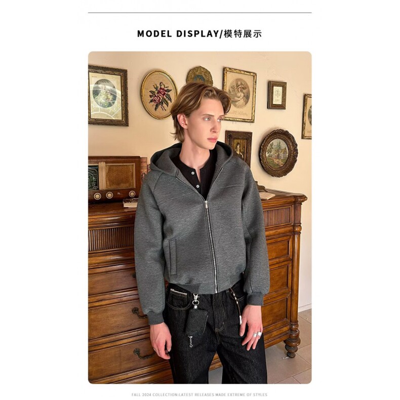 美式潮牌宽松连帽开衫拉链卫衣重磅廓形版型运动休闲外套男图片