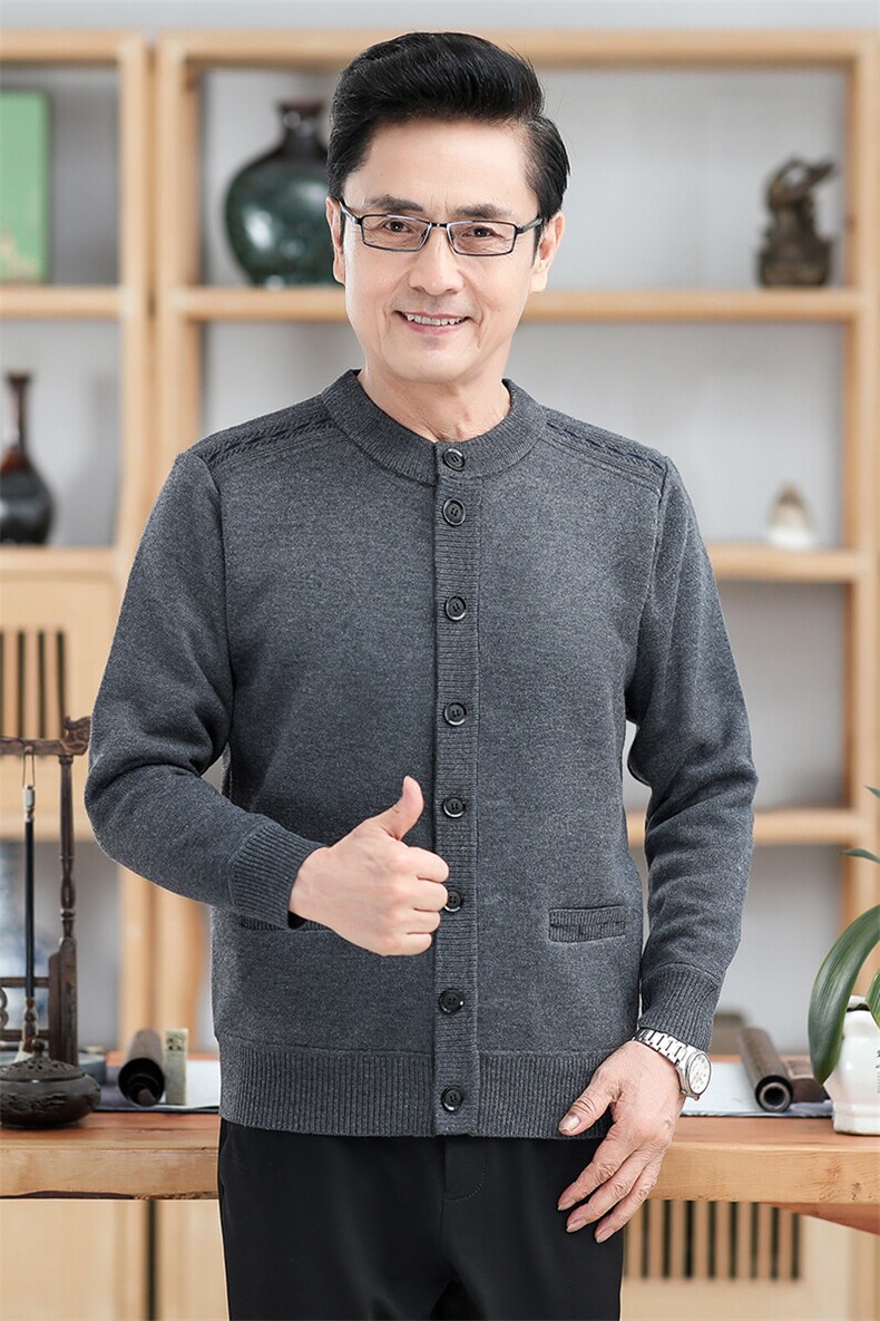 秋冬季加绒加厚系扣开衫中老年男保暖针织毛衣外套爸爸上衣,男装针织衫/毛衣,钱塘6003（原4033）