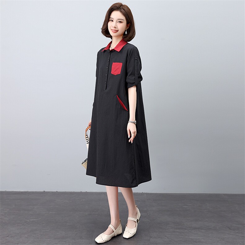纯棉2025新款洋气遮肚减龄裙子女宽松贵夫人妈妈时髦连衣裙,女装连衣裙,江忆布依