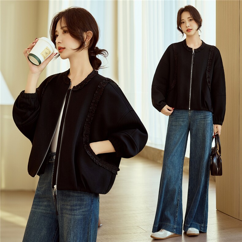 黑色圆领卫衣外套女2026春装新款木耳边显瘦夹克短款开衫休闲上衣图片