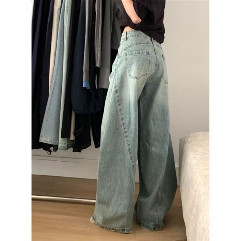 美式磨破阔腿牛仔裤女2025秋季新款高腰宽松显瘦遮胯弯刀拖地裤子,男装牛仔裤,星座506A