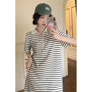慵懒风条纹针织连衣裙夏季微胖mm显瘦宽松遮肚子法式温柔裙子图片